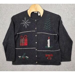 Vintage Villager Sport Signature Cardigan Womens 2 Gray Ugly Christmas Sweater‎